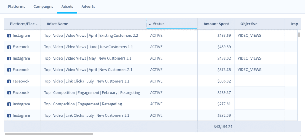 Table showing naming structure of Social Ad Campaigns inside Digivizer App