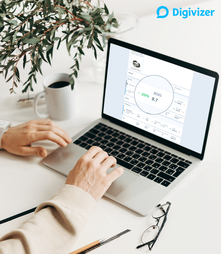 laptop screen featuring a zoomed in screenshot of Digivizer's ROAS Return on Ad Spend metric