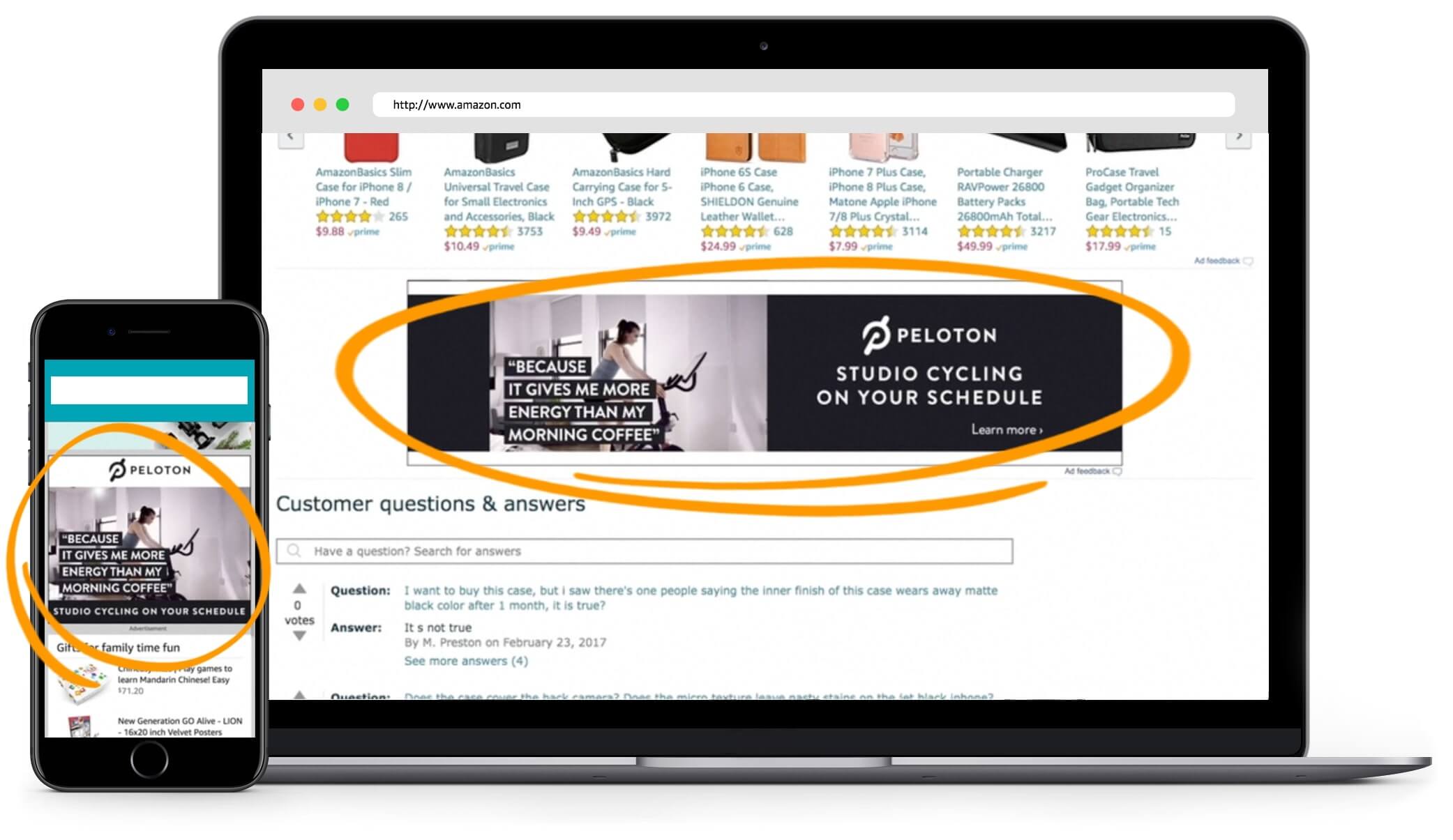 A laptop photographed against a white screen featuring brand and product ads for Peloton on Amazon Ads