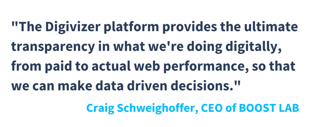 Text quote from Boost Lab CEO Craig Schweighoffer that says: "The Digivizer platform provides the ultimate transparency in what we're doing digitally, from paid to actual web performance, so that we can make data driven decisions."