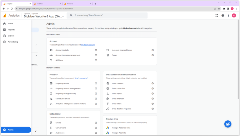Google Analytics admin settings