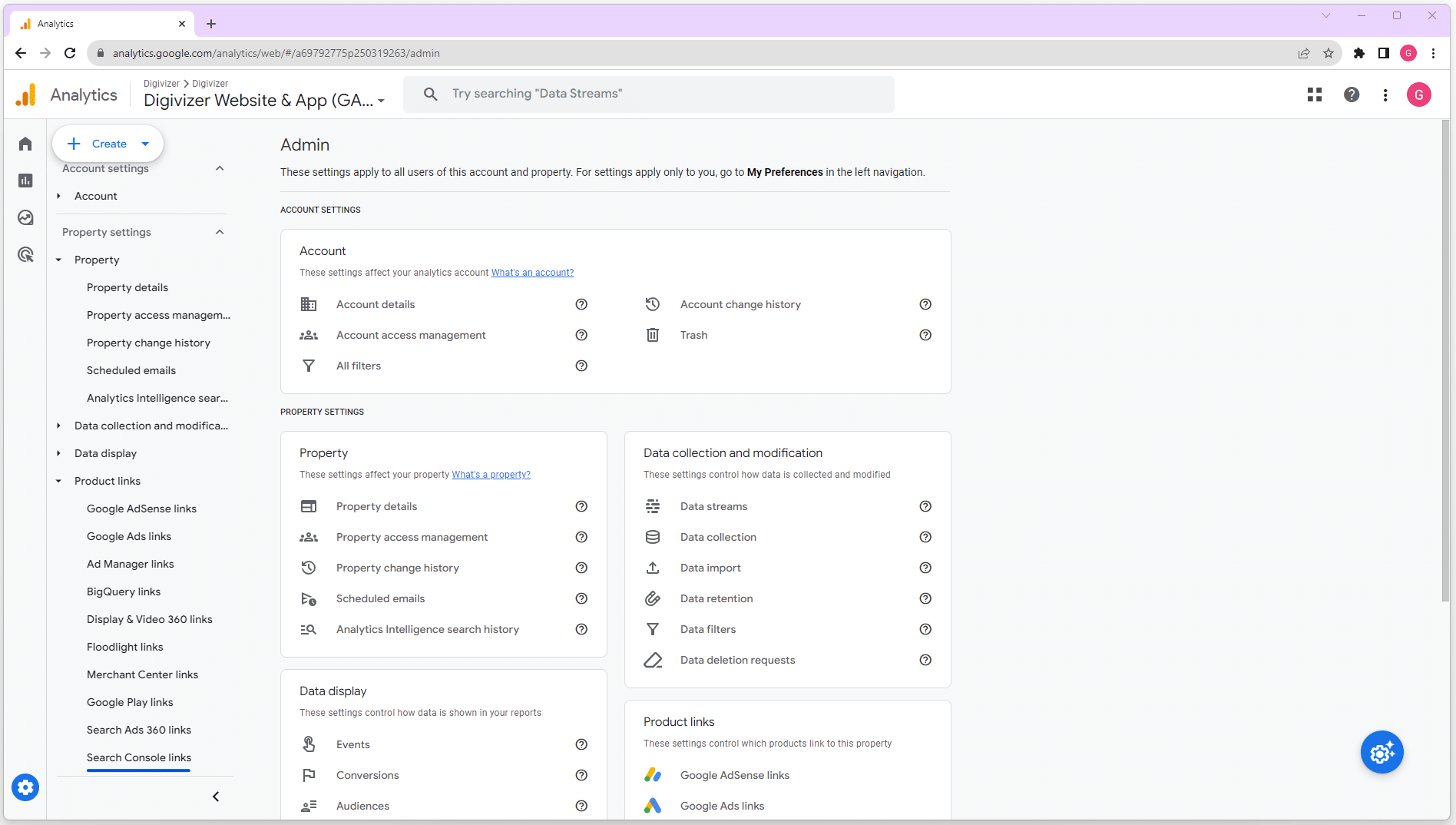 Search Console Links location within Google Analytics admin settings