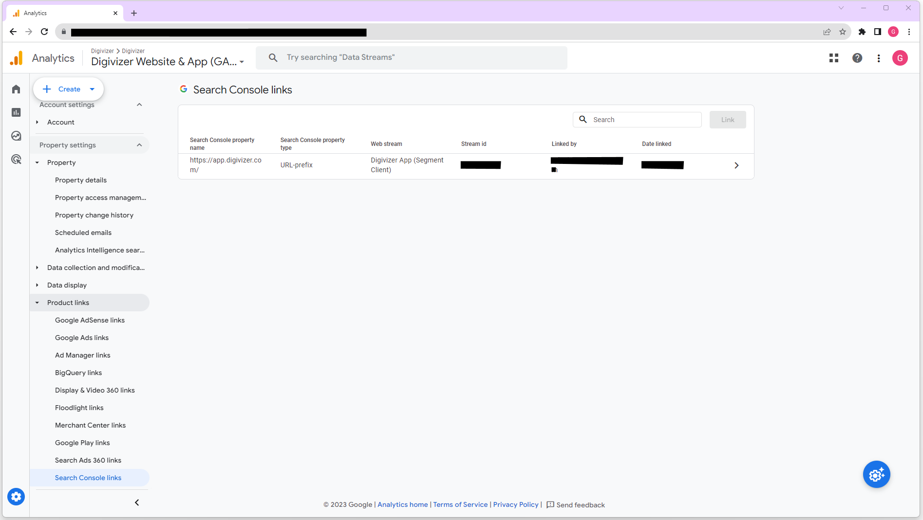 Search Console configuration screen within Google Analytics