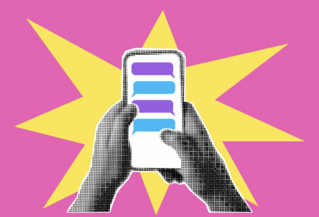 Graphic of two hands holding a mobile phone displaying a chat conversation, symbolizing communication and engagement as part of a paid media strategy.