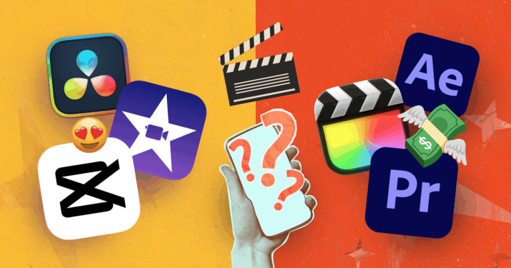 Visual comparison of free vs. paid video editors like CapCut, DaVinci Resolve, and Adobe Premiere Pro, with film clapperboards.