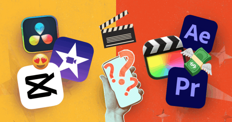 Visual comparison of free vs. paid video editors like CapCut, DaVinci Resolve, and Adobe Premiere Pro, with film clapperboards.